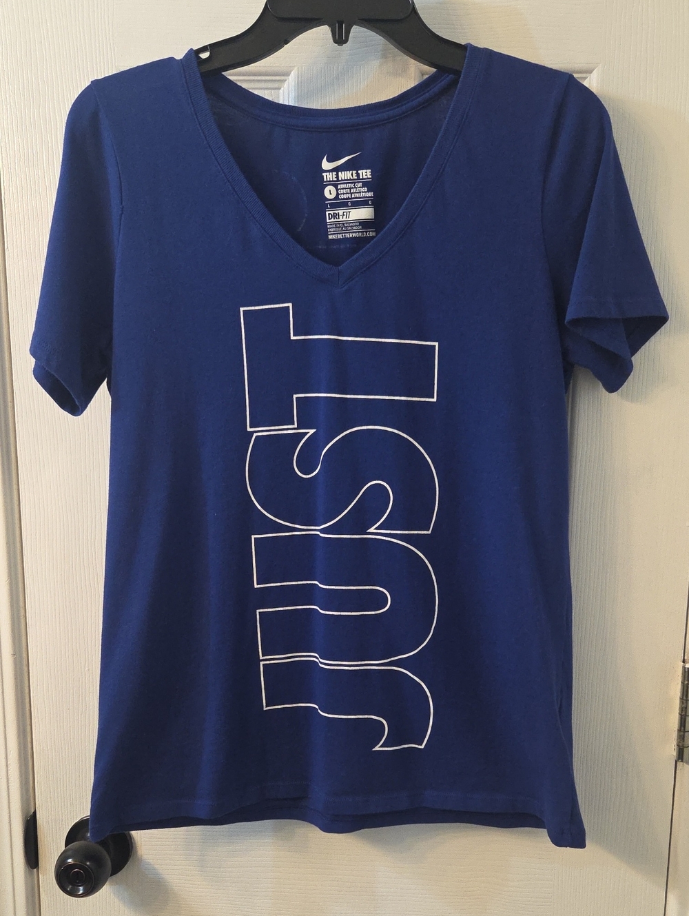 Nike Royal Blue V-Neck Tee with White 'JUST' Graphic